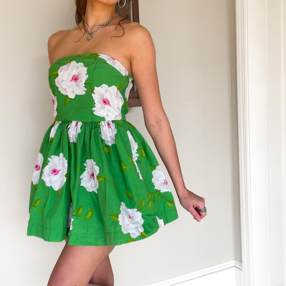 RARE y2k Abercrombie & Fitch green floral mini strapless dress